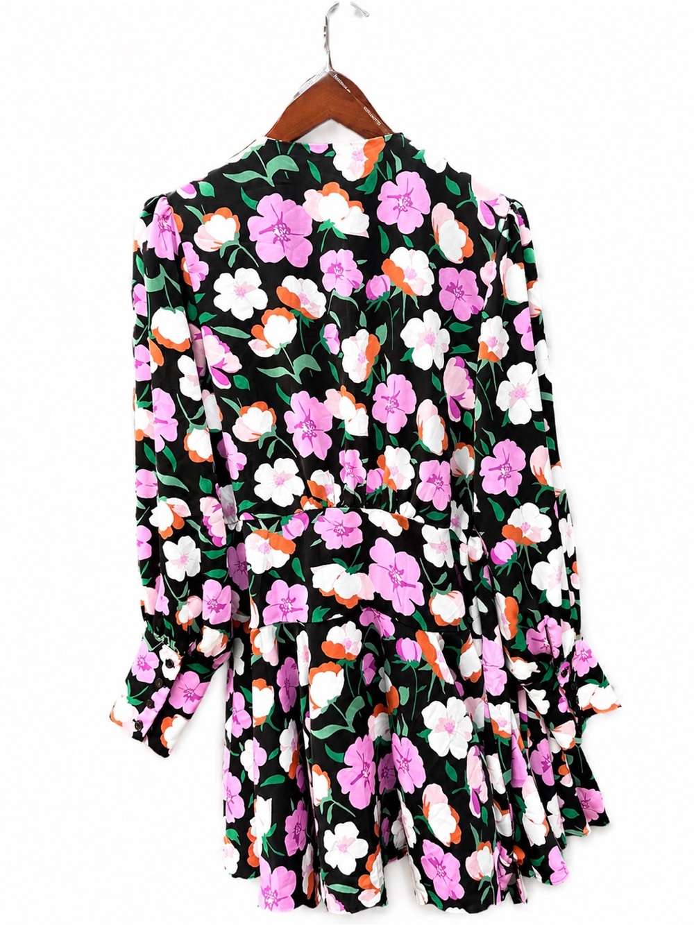 Glamorous Black Long-Sleeve Floral Mini Wrap Dress with Pink & White Blooms